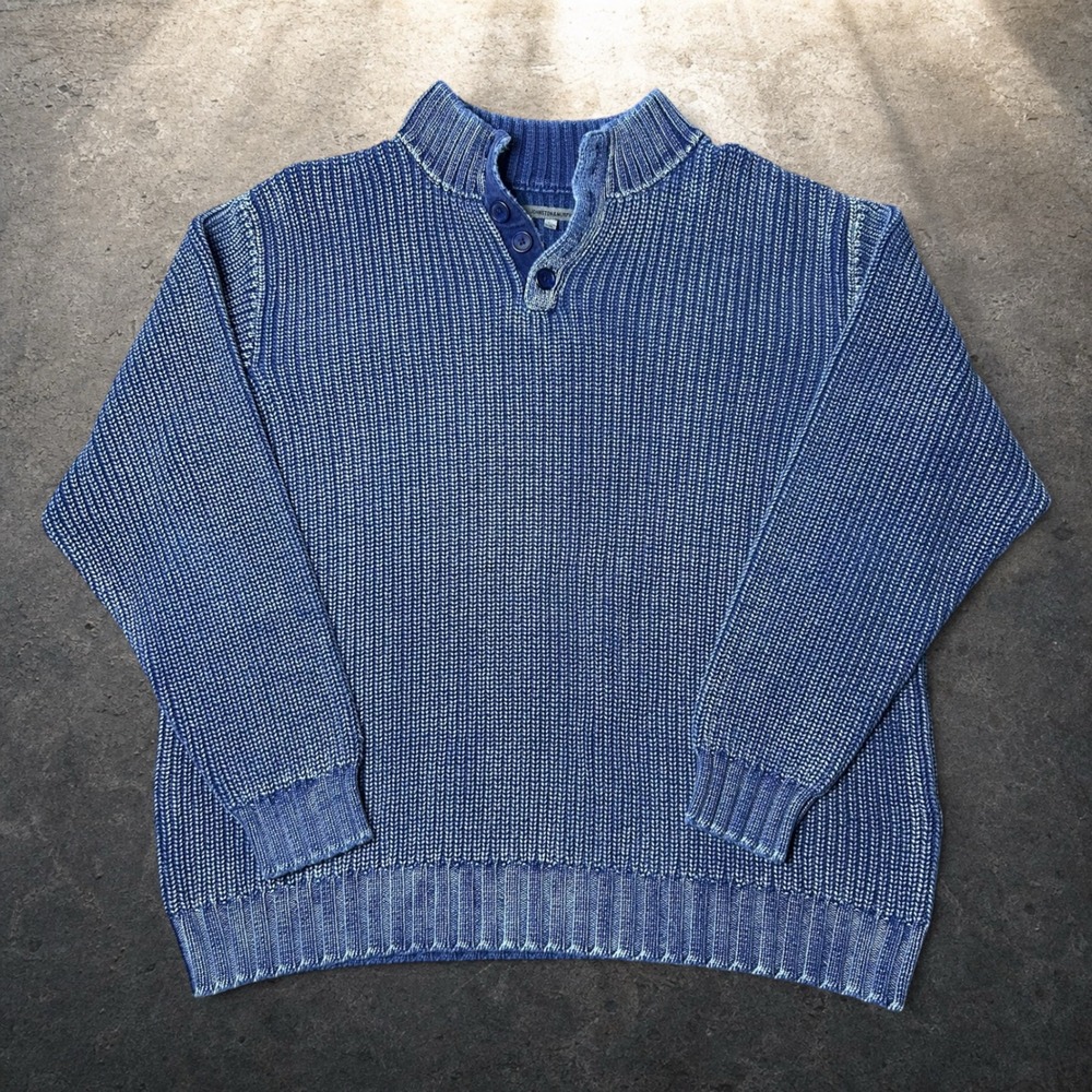 Johnston & Murphy Blue Ribbed Knit Button Mock Neck Sweater Mens XL Vintage